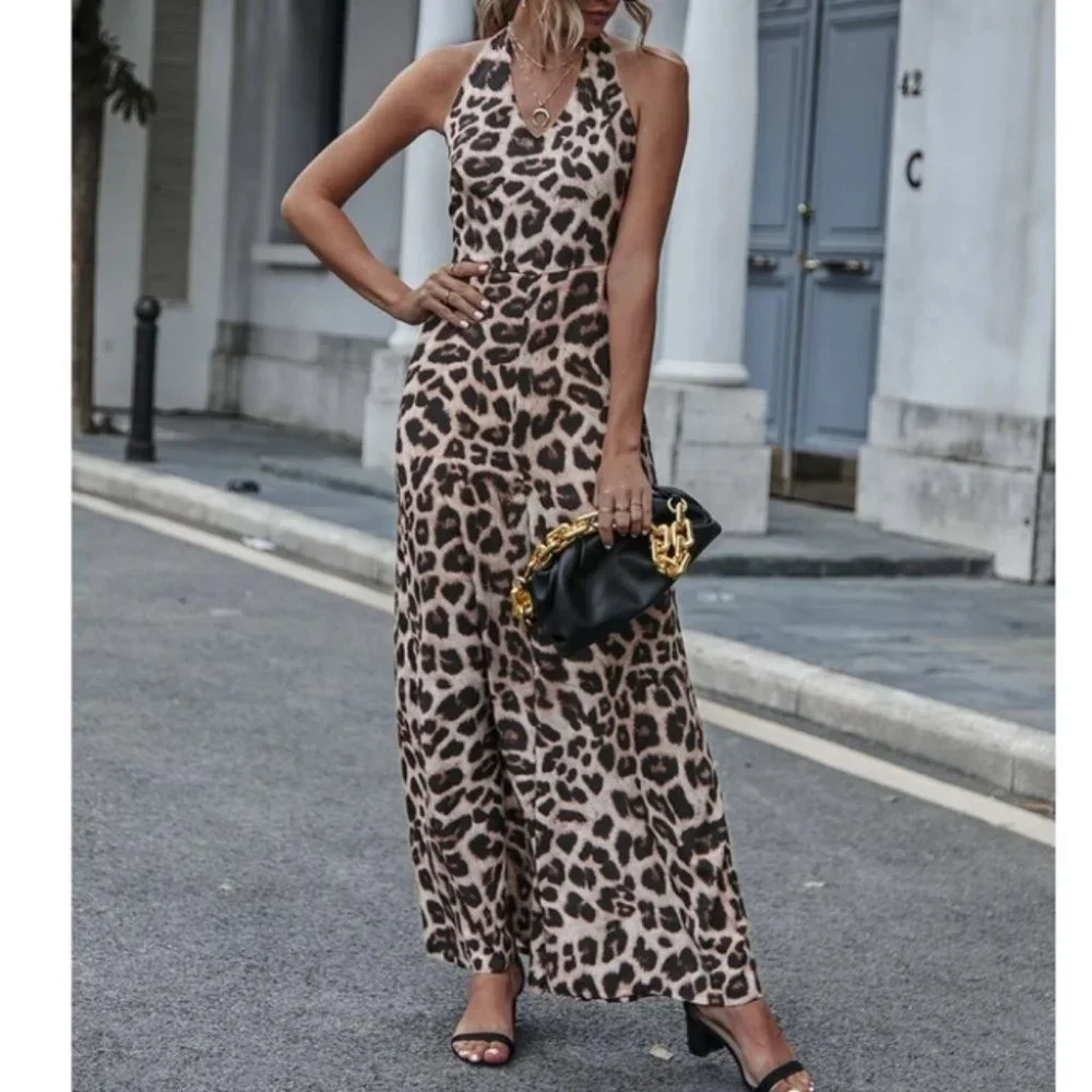 Leopard Aniaml Print Tie Backless Wide Leg Halter Jumpsuit Contemporary - Picture 4 of 6